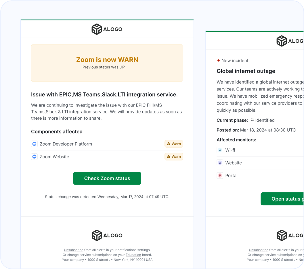 StatusGator page with outage details